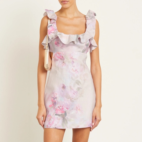 NWT Zimmermann Crush Frill Mini Dress in Pink Floral - Picture 1 of 12